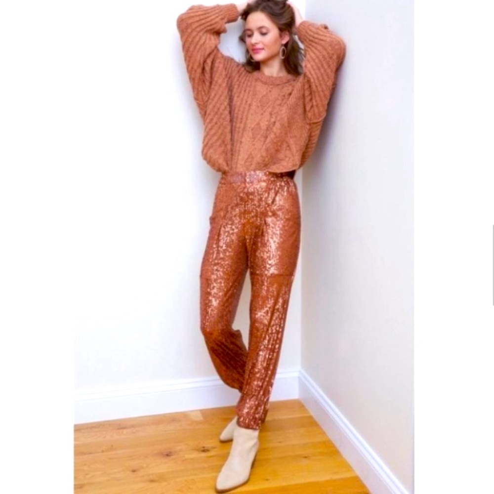 Free People Morelia Sequin Joggers High Rise in Bronze Gold Sequin